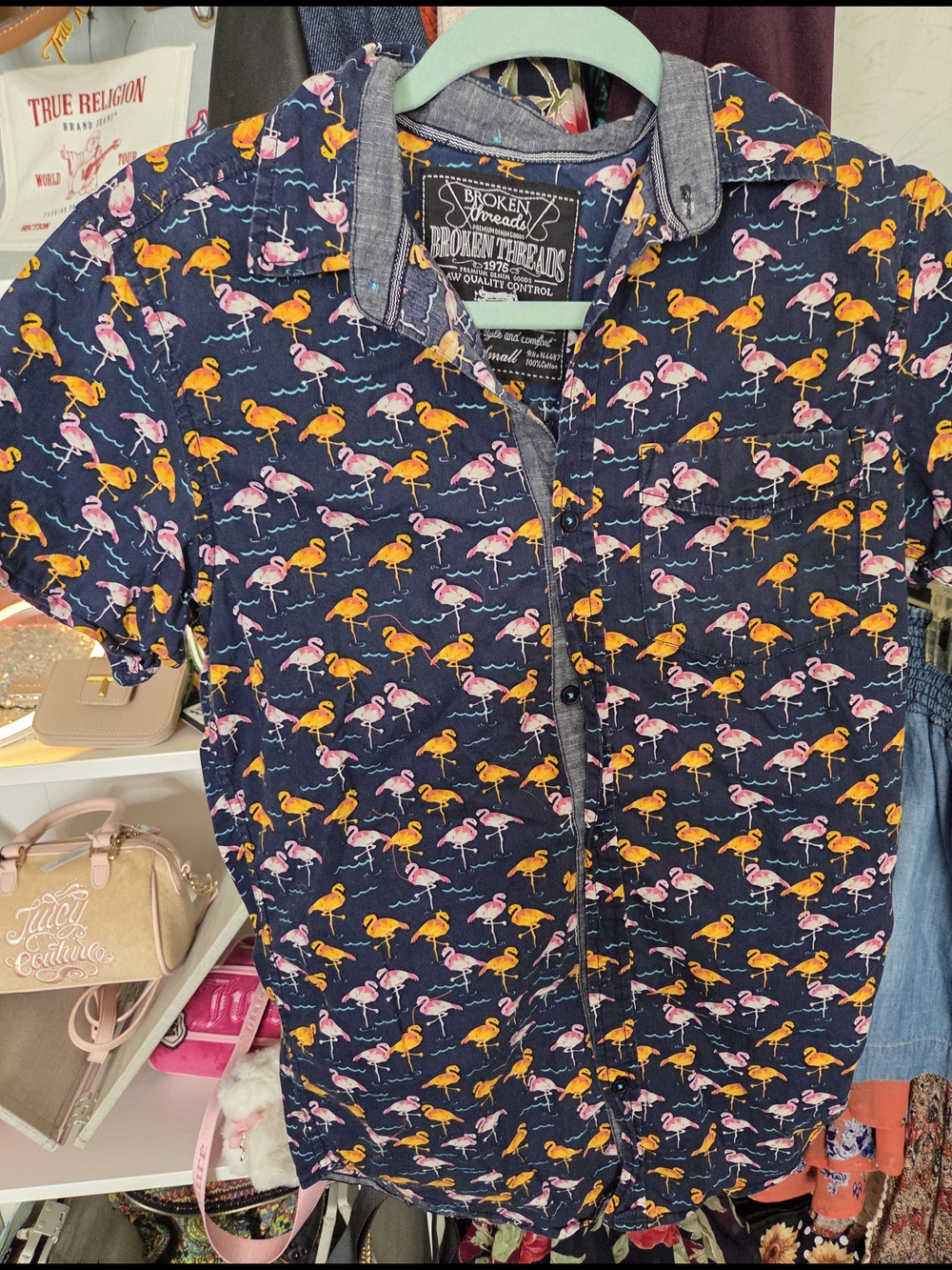 Broken Threads Men’s Navy Flamingo Print Short Sleeve Button-Up Shirt